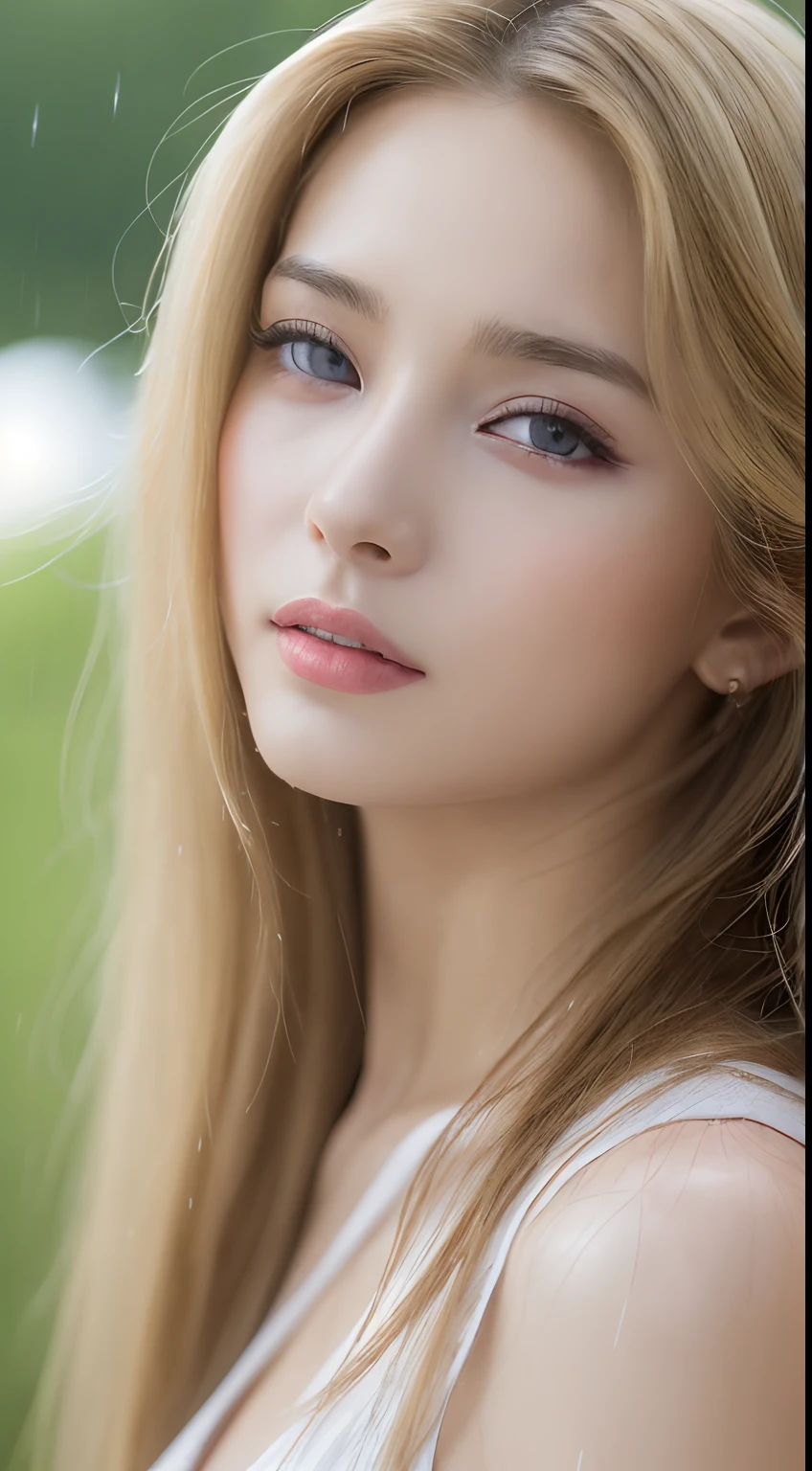 (top-quality、4k、masterpiece:1.3)、Beautuful Women、1girl in、A sexy:1.1、a blond:1.1、(rainy wet、wet from the rain、a wet body:1.2)、white tank tops、hyperdetailed face、detailed lips、A detailed eye、二重まぶた、17 age