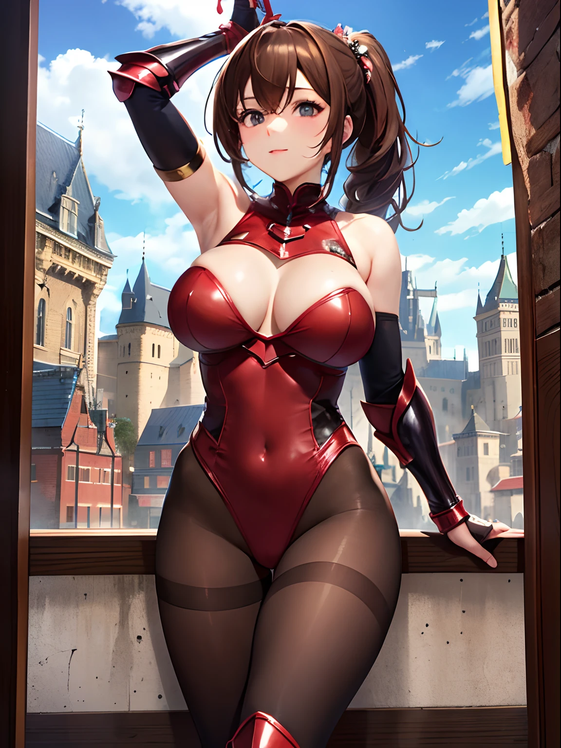 (top-quality: 1.3)、(masterpiece: 1.3)、(The ultra-detailliert: 1.3)、(wall-paper, one girls)、(Perfect Beautiful Red High Neck Leotard:1.3)、(full armor:1.5)、(Brown hair:1.3)、a belt、(Brown pantyhose:1.3)、Longhaire、poneyTail、(Beautiful Large Breasts:1.3)、(borgar:1.2)、(castle town:1.2)、ssmile、sexypose、is standing、Stretch