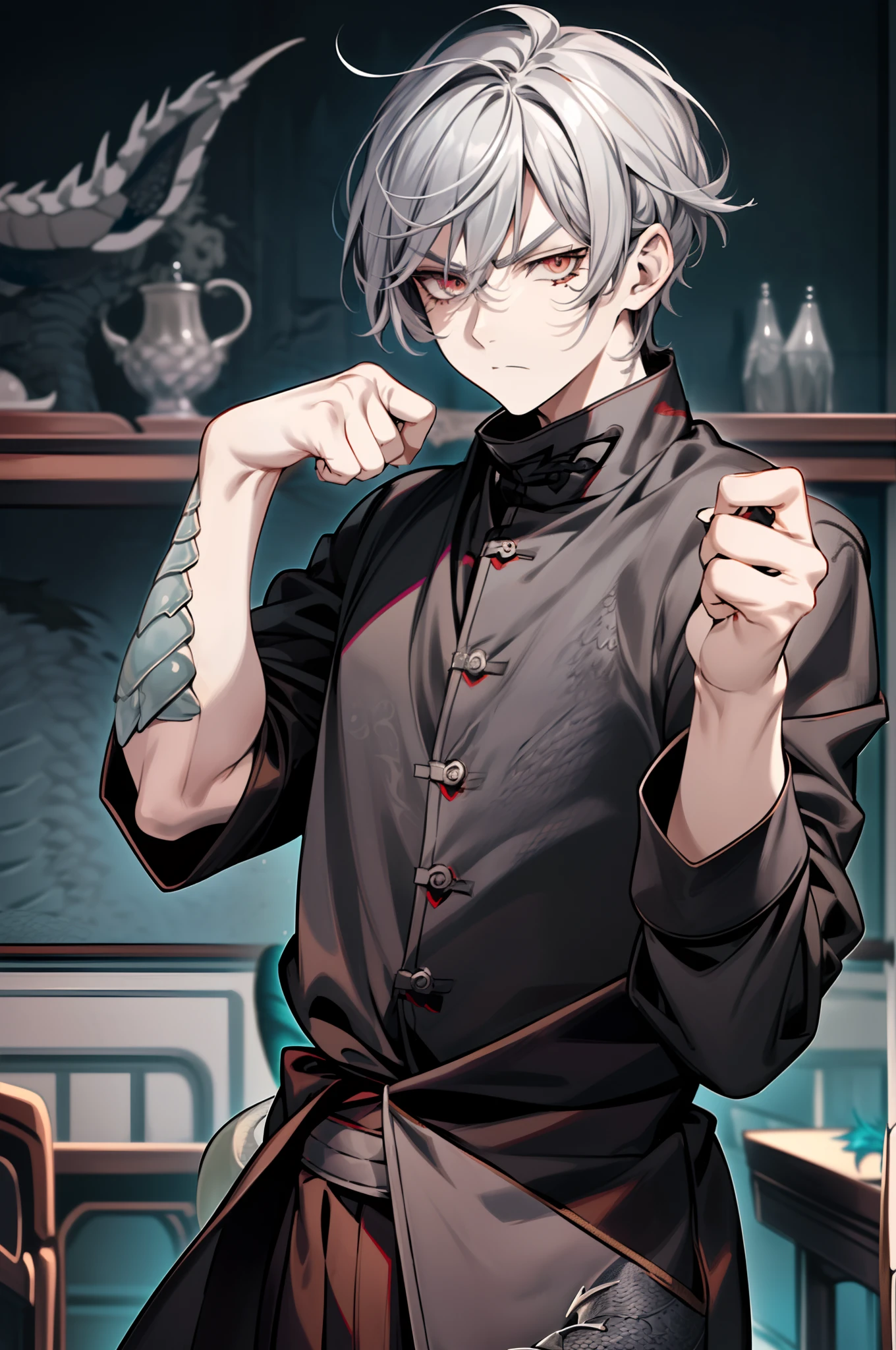 solo, ((anime boy with grey hair and scales)), ((bangs)), (((gray dragon scales on face and arms))), ((serious expression)), ((monk)), ((high quality)), (extremely detailed)