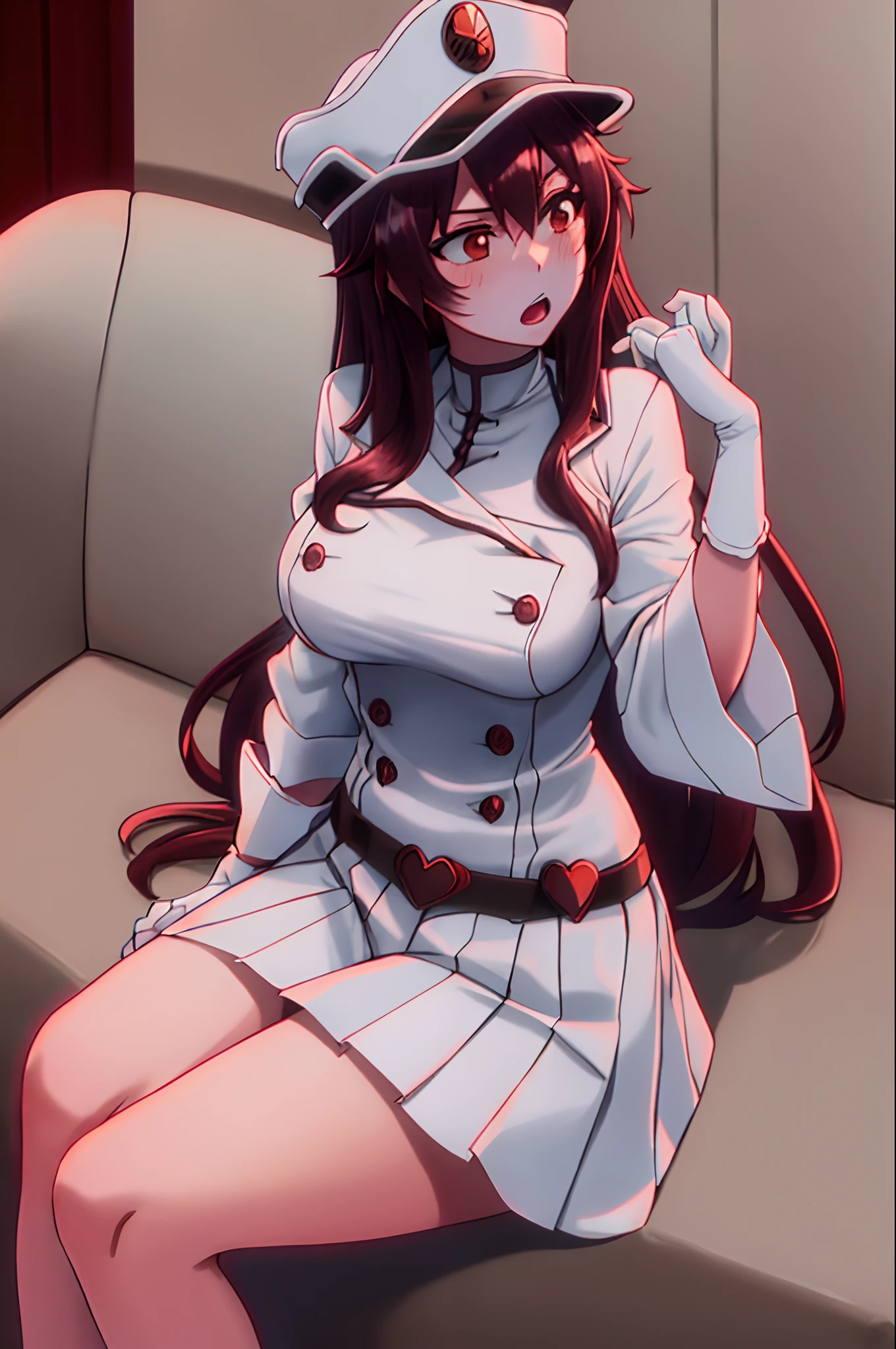 bambietta, sitting on sofa, blush, open mouth, deep brown eyes, hat, (white skirt), white military form, closed medium breasts | big breasts masterpiece, detailed, intricate details