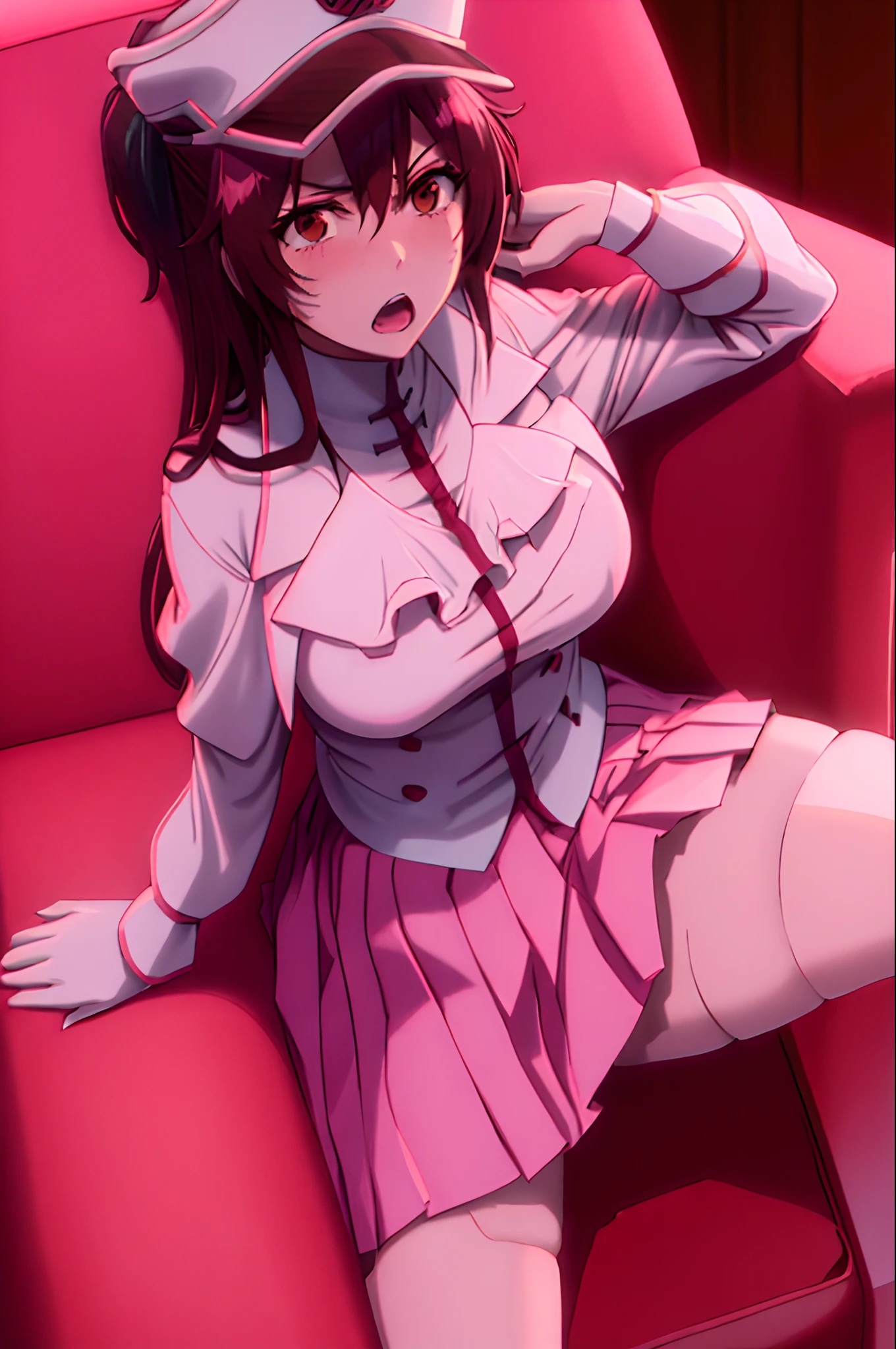 bambietta, sitting on sofa, blush, open mouth, deep brown eyes, hat, (pink skirt), white military form, closed medium breasts | big breasts masterpiece, detailed, intricate details