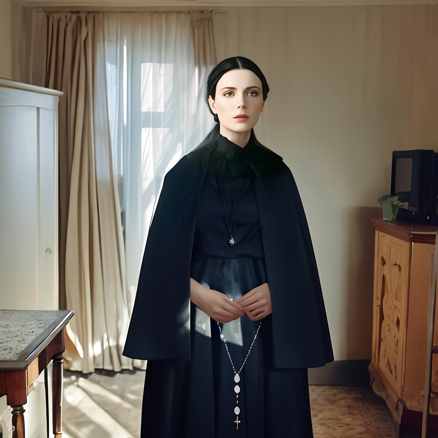 There is a woman in a black dress and a black cape, Erwin Olavo, Aninha Leibowitz, inspirado em Petrus Christus, mulher em vestes pretas, Bem Modelo de Moda, Flora Borsi, inspirado em Josefina Tanganelli Plana, Aninha Liebowitz, Ana Nikonova, Directed by: Thomas Bock, Directed by: Alison Geissler