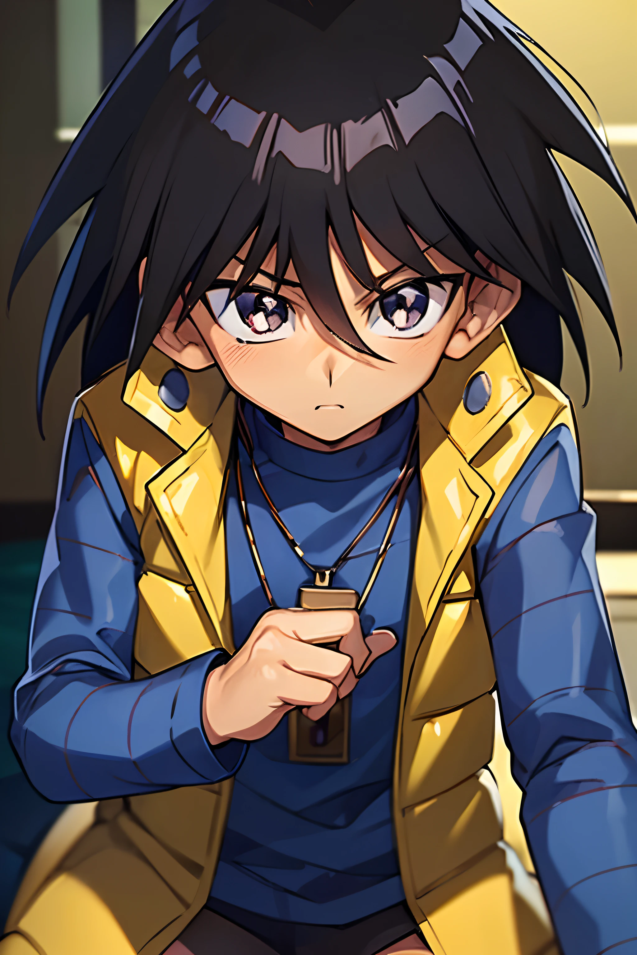 (masutepiece, Best Quality, Ultra-detailed), 1boy, Black hair, Yellow jacket, (portrait shot), Looking at Viewer, Kiba Kaiba, city,Little boy,kawaii,kawaii pose,be shy,Shy face,feel shy,