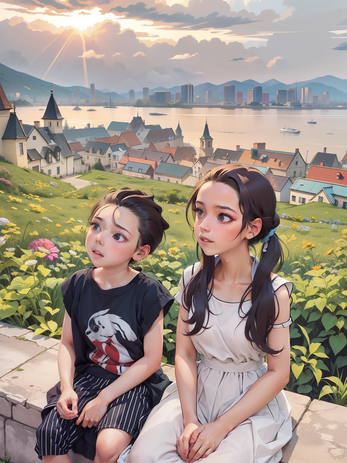 ((Realistic:1.5)),Ulzzang-6500:1.3,((Best quality)), ((Masterpiece)),((Detailed)),2girls,duo,{2 beautiful women}, (Upper body:1.3),Hug and touch each other, Tease your friend's waist, Breathless friends, Biting a friend's earlobe, crouched,super wide shot,Face focus, Long legs,Curvy, Barefoot,Wide hips, Thin legs, Oversized eyes,Long eyelashes, (Detailed face,beautidful eyes, detailedpupils,detailed clothes features, Clear background:1.3), (armlets, bangle:1.3), Mysterious ancient ruins, floresta exuberante, Deep canyon,bridge,River,cliff,Cloud,lakes,Rock music,Waterfalls, Flowers, Grass,grape trees,tree,bright detail,Sharp,Perfect compounding, Intricate, Sharp focus, Dramatic,
