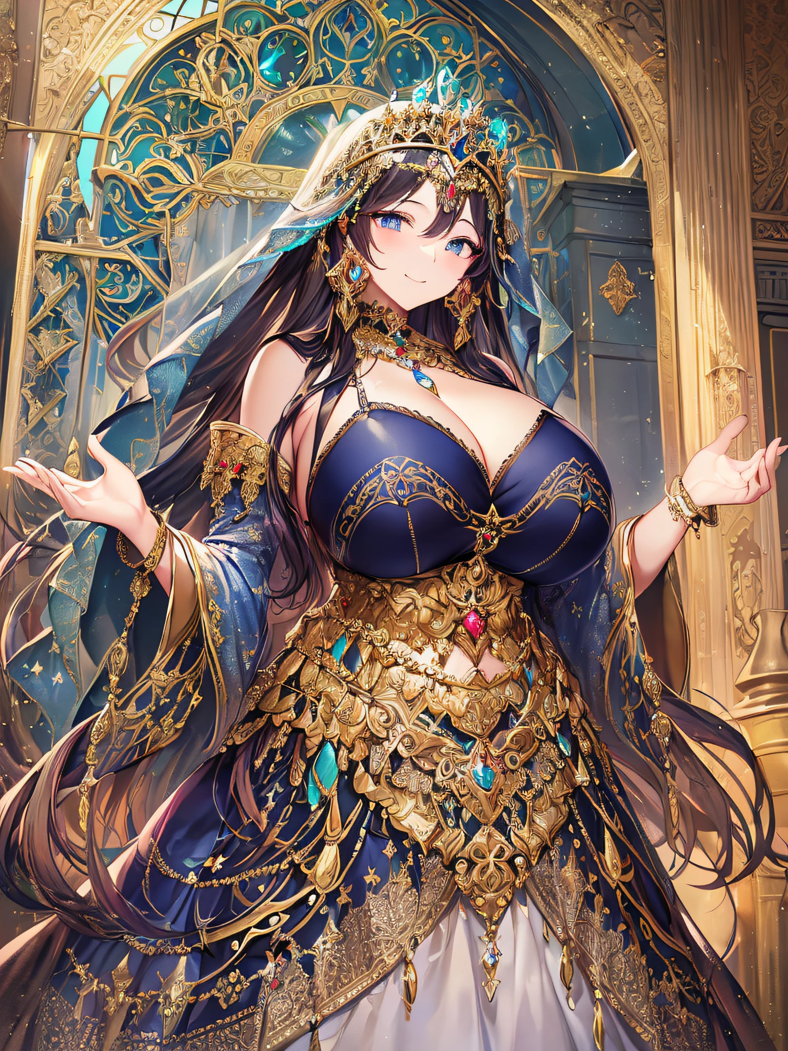 (anime artstyle),((Masterpiece,Best Quality,Super Detail,Very Delicate and Beautiful)),Solo,((full body,standing picture)),standing in the sacred cathedral,((Sacred atmosphere)),((1 Holy High Priestess in beautiful embroidery and jeweled gorgeous Holy rococo ballgown with voluminous full length hoop skirt)),(crinoline),gorgeousfull embroidery,(gorgeous gemstone jewelry),(detailed face and eyes),jewel-like eyes,smile,((large amount of straight hair,extremely Long voluminous Hair)),((gigantic tits,Long tits,skindentation)),gorgeousfull embroidery,cleavage,extremely gorgeousfull hair ornament,(bling-bling extremely gorgeousfull jeweled tiara),gorgeous corsage,Stained glass,(Dynamic Angle),Looking at viewer,((full body)),((beautiful embroidery and jeweled Holy and gorgeous rococo ballgown with voluminous full length hoop skirt))