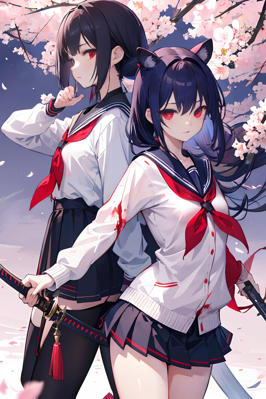 2girls、nightcity、Weapons with blood on them、Great body、Great legs、Sailor suit with blood on it、Wearing a cardigan、A dark-haired、Sword、Holding a weapon with blood on it、Cherry blossoms are dancing、poneyTail、Ordinary girl、The actions of two people who fight、a cool、It's battered