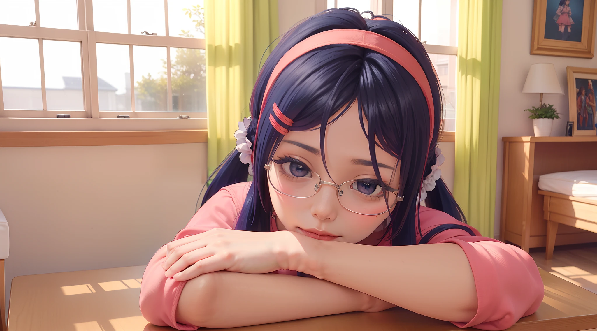 8K, Realistic 3D girl from anime game, Mita from the game MiSide, (((She lay down on the table))), rest, blurred background, The Pink Room, Paintings on the walls, TV in the background, Bookcase in the background, pink hoop on his head, Two pink hairpins in her hair, Milo ulыbaetsya, pigtails, The big picture, photo realism, Excellent furniture, (red glasses), (((beste-Qualit, 8K, tmasterpiece))), Highly detailed face texture, Responsibilities at the Center, Window, Sakura, Beautiful spring outside the window, Soft rays, Beautiful detailed shadows, soft shadows, Photorealistic hair, silk hair, Blue hair, violet eyes, Hands under the pillow, You can't see your hands, Korean appearance, One person, But the center, endearing smile, Very nice face, Ohegao, sexy face