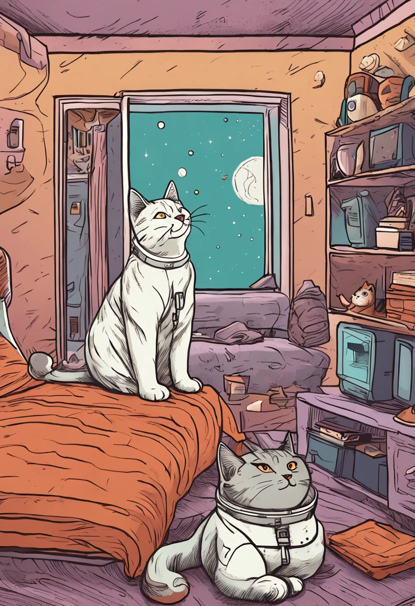 An astronaut cat, wearing a space helmet, is walking gracefully towards a sleeping cat on a sofa. The astronaut cat's expression is a mix of excitement and curiosity as it approaches the snoozing cat. The room is depicted with a cozy atmosphere, and a hint of starry night can be seen through the windows, suggesting the vastness of space beyond. The astronaut cat's space suit is detailed with playful touches, and the sleeping cat is curled up comfortably, oblivious to the impending cosmic encounter. The scene captures the whimsical moment when the astronaut cat is about to land near the sleeping cat, ready to embark on an unexpected interstellar adventure