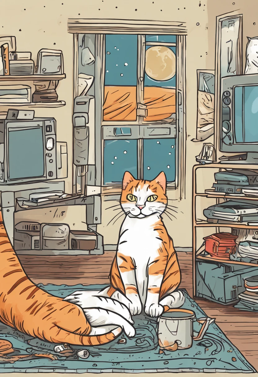 An astronaut cat, wearing a space helmet, is walking gracefully towards a sleeping cat on a sofa. The astronaut cat's expression is a mix of excitement and curiosity as it approaches the snoozing cat. The room is depicted with a cozy atmosphere, and a hint of starry night can be seen through the windows, suggesting the vastness of space beyond. The astronaut cat's space suit is detailed with playful touches, and the sleeping cat is curled up comfortably, oblivious to the impending cosmic encounter. The scene captures the whimsical moment when the astronaut cat is about to land near the sleeping cat, ready to embark on an unexpected interstellar adventure