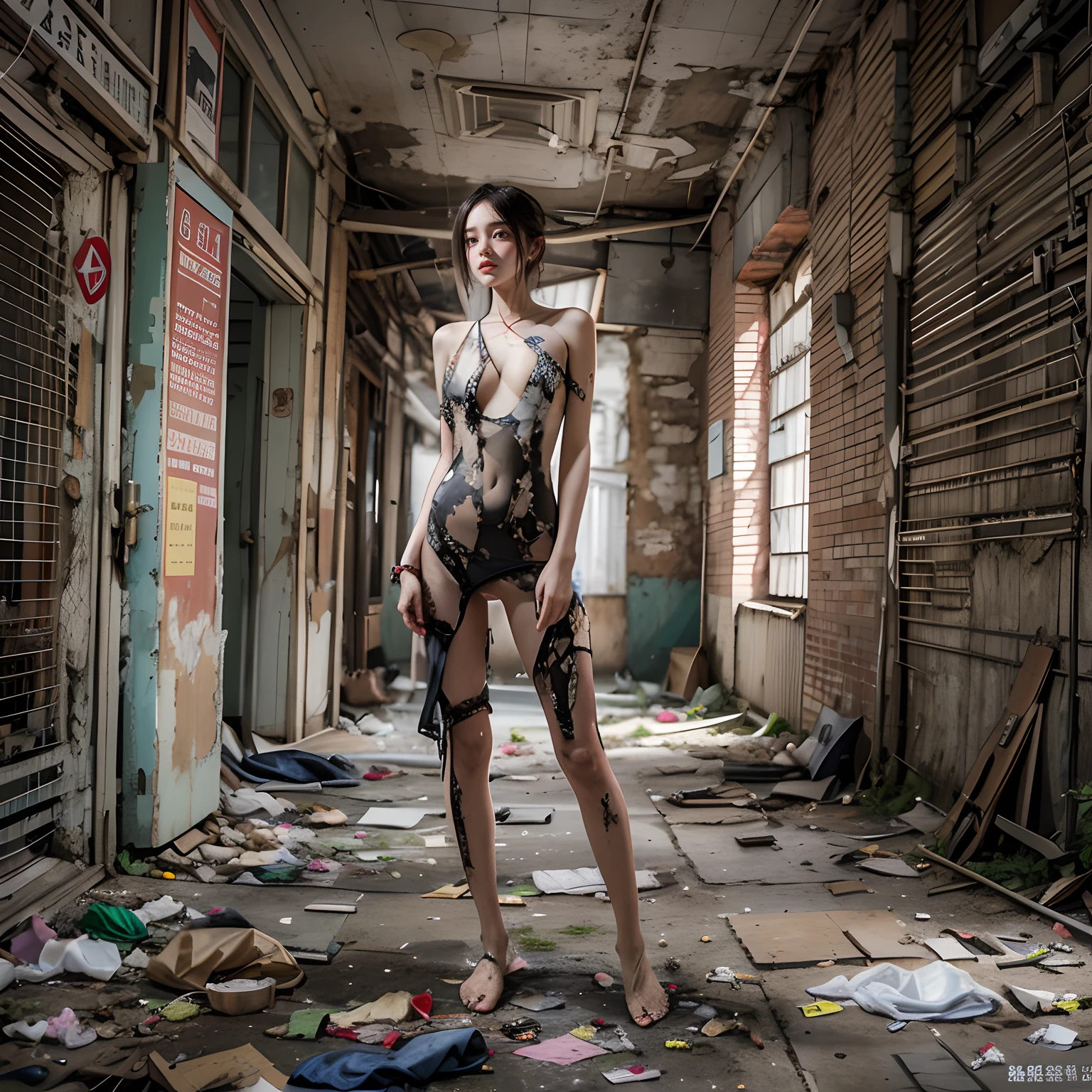 tmasterpiece,abandoned building,Garbage all over the ground,grimy,full-body portraits,Sexy standing pose,Slim legs,very beautiful long slim legs,The barefoot,Naked all over the body,full body exposed,exhibitionists,Systemic random exposure