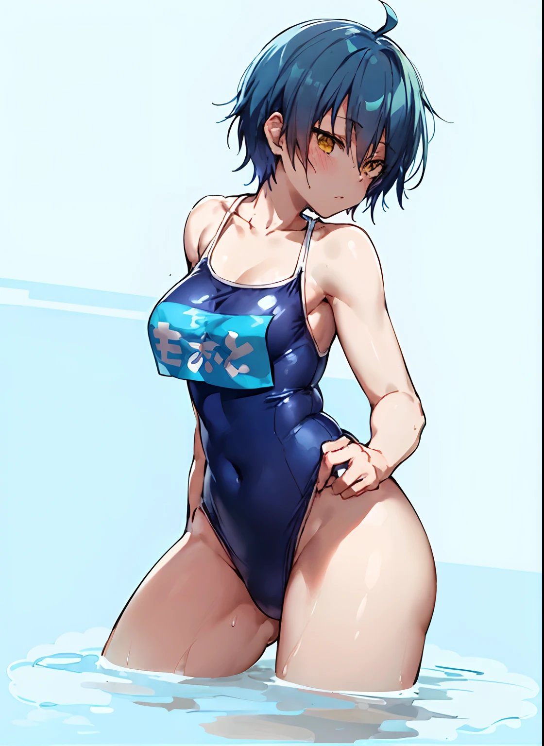 Anime boys in swimsuits, wearing a swimming wear, Enchanting anime boy, Ecchi anime style, Cool boy in tank suit, Anime boy with blue short hair, Anime boy with yellow eyes, Charming anime boys, (Anime Boy), Ecchi, School swim wear, anime moe art style, at pixiv, Swimsuit with white piping, Beautiful anime boy crouching in swimsuit