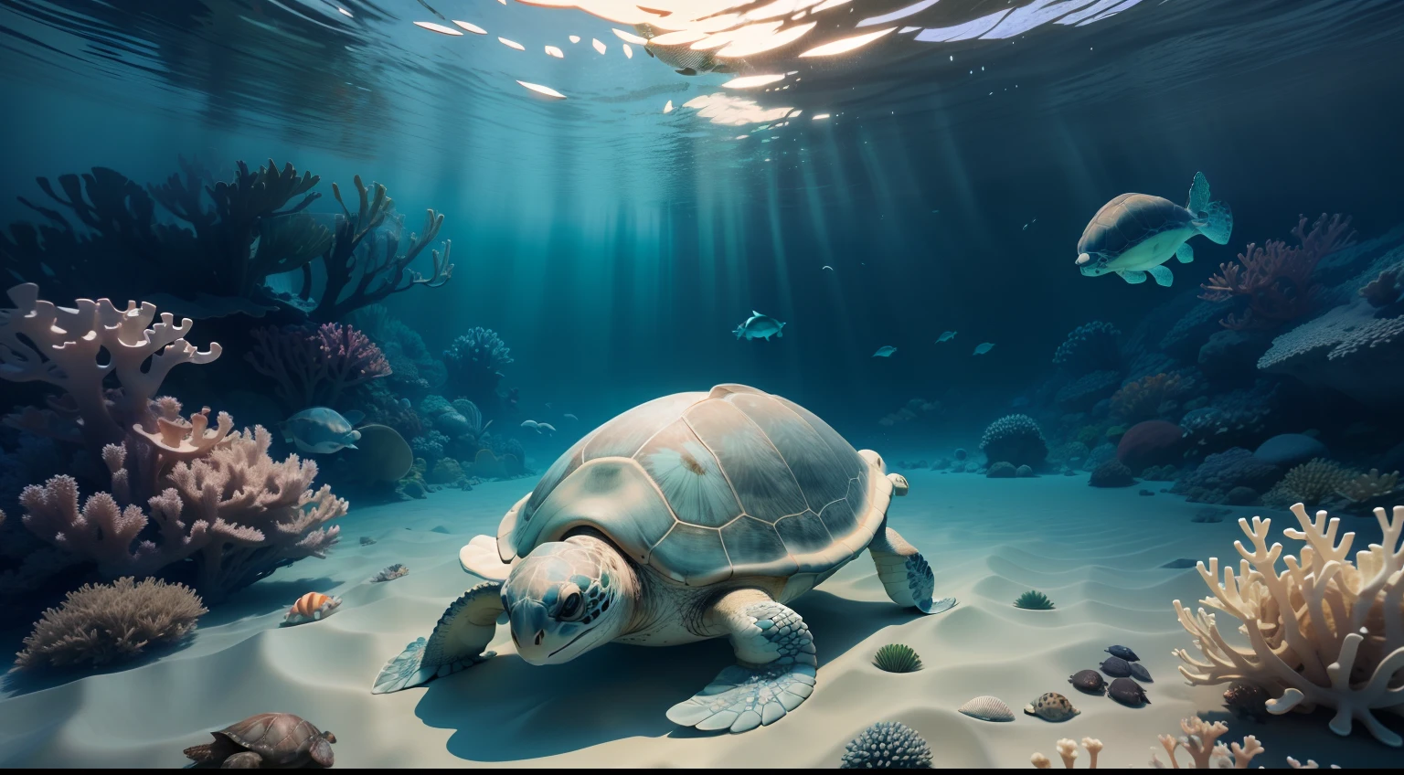 high qulity,photore,photorealestic,Clear details,((one sea turtle)),(With his back to the camera),Turtles swim into the distance,Turtles close to the camera,The shells are covered with barnacles,((Turtles swim towards the camera)), Seagrasses and coral reefs grow around,a 3D render