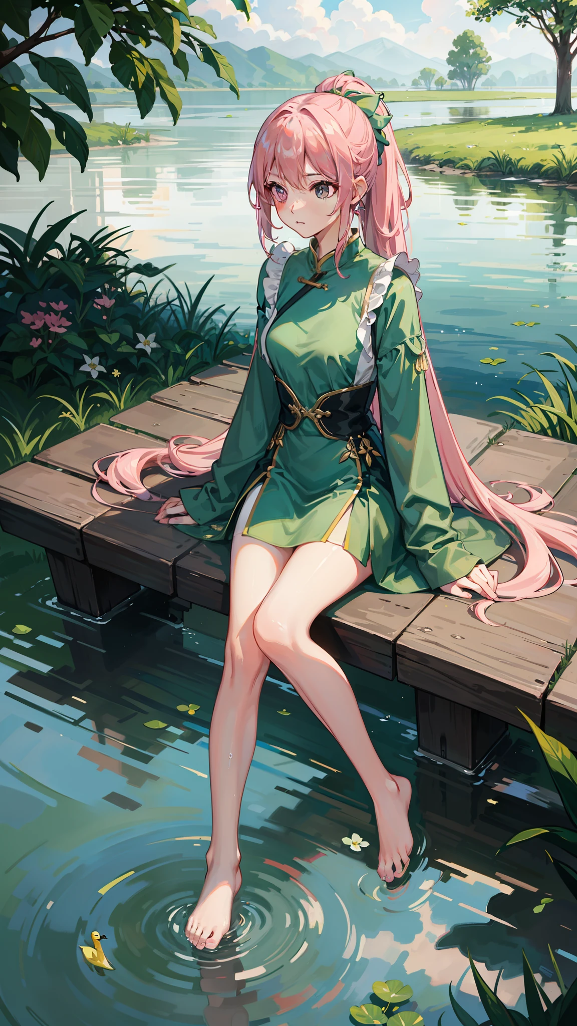 rained，By the lake，Green meadows，The barefoot，Long, thin legs，Thin clothes，Get wet，duck sitting，Delicate face，High ponytail，Star Eyes，A pink-haired E罩杯 露出侧乳