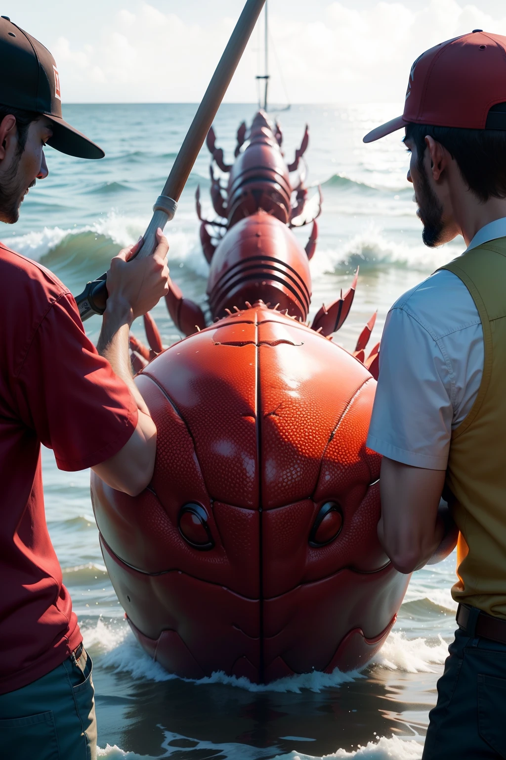 A group of people catch a giant lobster,photorealestic,Realistic scenarios
