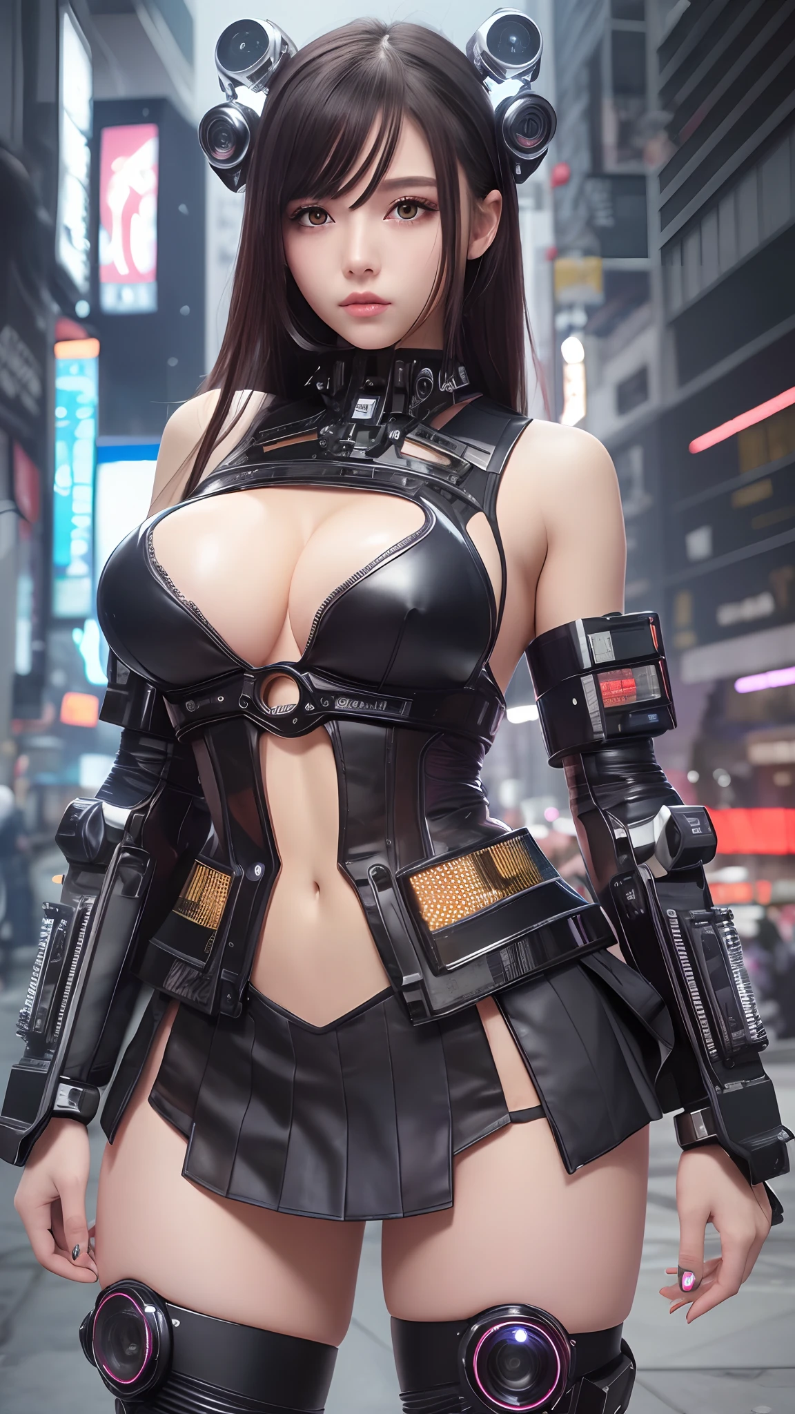 (8k, masterpiece, best quality), ultra-detailed, detailed beautiful round eyes, beautifully detailed face, high quality, high resolution, cyberpunk girl wearing pleated mini skirt, huge breast, see-through dress, mecha, sleep, ruins