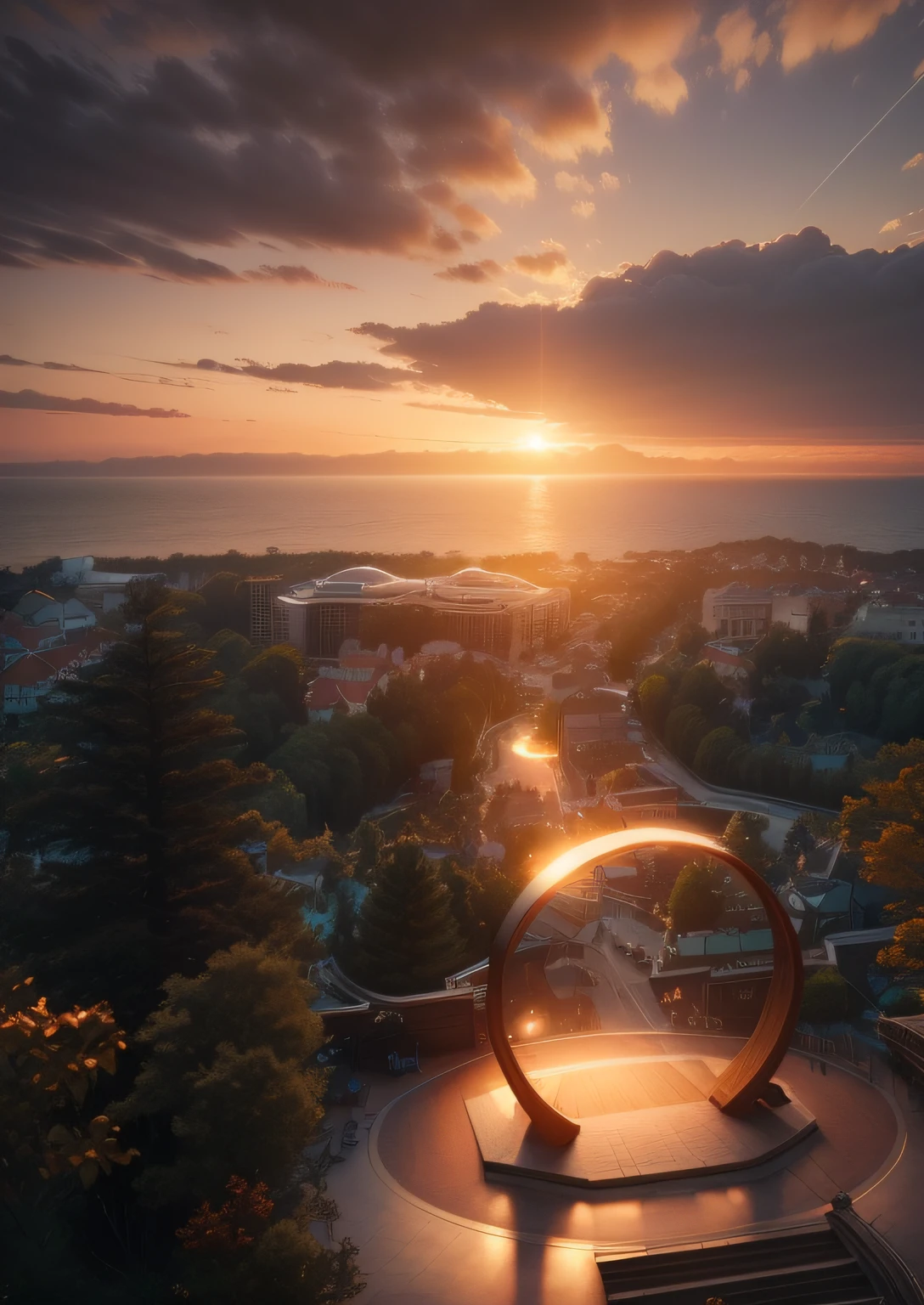cinematic still {prompt} . emotional, harmonious, vignette, highly detailed, high budget, bokeh, cinemascope, moody, epic, gorgeous, film grain, grainy, only architecture building and forest with the sea in far, afternoon, sunset
