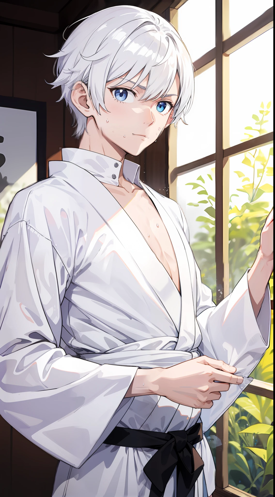 anime image of a man with a shirt on and a tie on, tall anime guy with blue eyes, handsome anime pose, handsome guy in demon slayer art, anime handsome man, ((wearing aristocrat robe)), male anime character, 4 k manga wallpaper, manga style of kentaro miura, inspired by Itō Ogura Yonesuke, handsome saitama