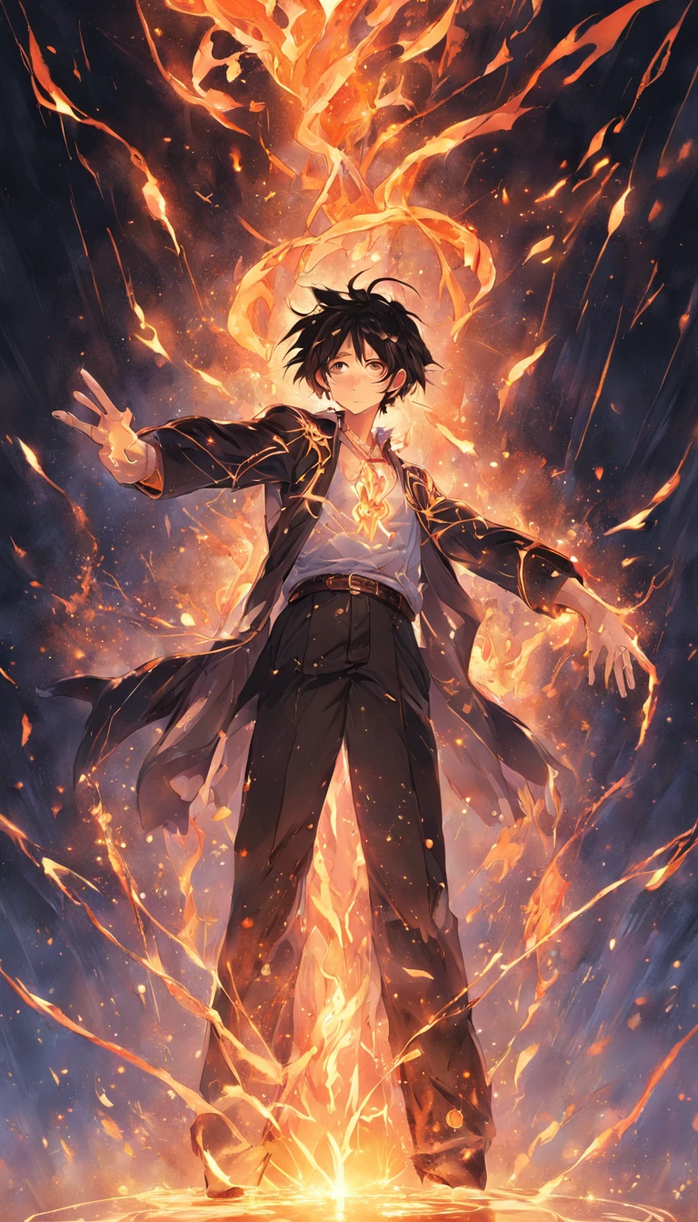 a painting that represents the essence of magic in your world, showing the black hair, shining golden eyes protagonist with a mystical black mark on his neck immersed in a cascade of magical fire energy, with glowing particles dancing around him and arcane symbols forming in the air