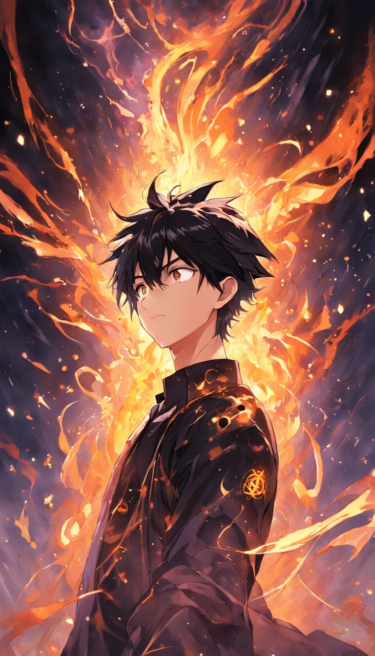 a painting that represents the essence of magic in your world, showing the black hair, shining golden eyes protagonist with a mystical black mark on his neck immersed in a cascade of magical fire energy, with glowing particles dancing around him and arcane symbols forming in the air