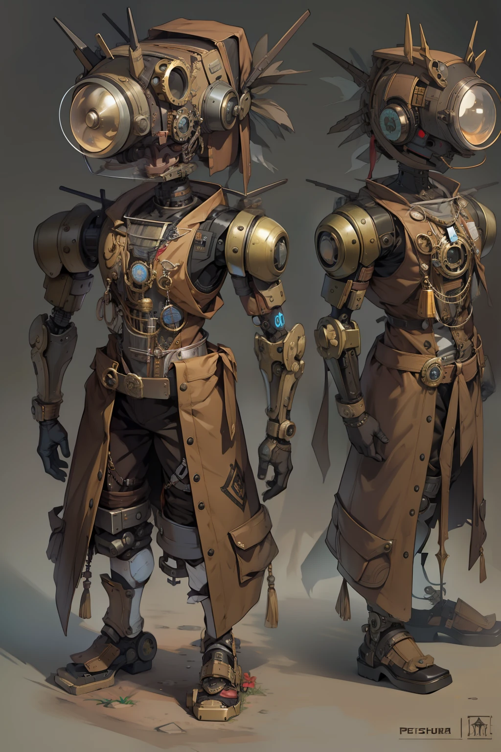 Steampunk style humanoid robot, pequeno, mago