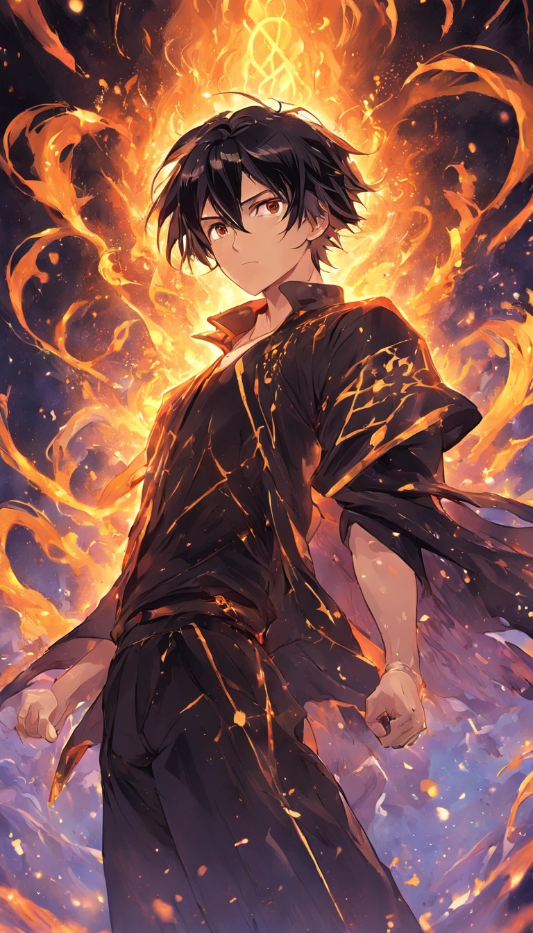 a painting that represents the essence of magic in your world, showing the black hair, shining golden eyes protagonist with a mystical black mark on his neck immersed in a cascade of magical fire energy, with glowing particles dancing around him and arcane symbols forming in the air