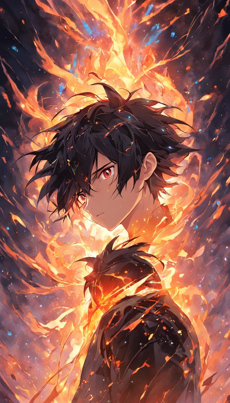 a painting that represents the essence of magic in your world, showing the black hair, shining golden eyes protagonist with a mystical black mark on his neck immersed in a cascade of magical fire energy, with glowing particles dancing around him and arcane symbols forming in the air