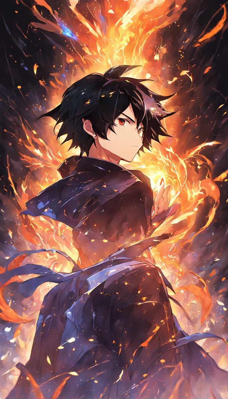 a painting that represents the essence of magic in your world, showing the black hair, shining golden eyes protagonist with a mystical black mark on his neck immersed in a cascade of magical fire energy, with glowing particles dancing around him and arcane symbols forming in the air