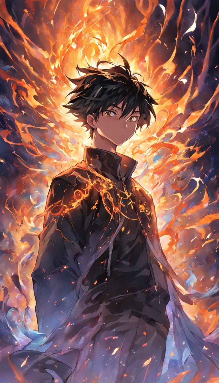 a painting that represents the essence of magic in your world, showing the black hair, shining golden eyes protagonist with a mystical black mark on his neck immersed in a cascade of magical fire energy, with glowing particles dancing around him and arcane symbols forming in the air
