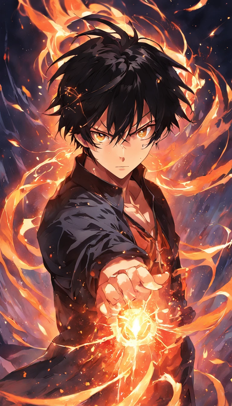 a painting that represents the essence of magic in your world, showing the black hair, shining golden eyes protagonist with a mystical black mark on his neck immersed in a cascade of magical fire energy, with glowing particles dancing around him and arcane symbols forming in the air