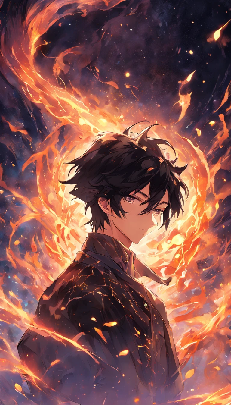 a painting that represents the essence of magic in your world, showing the black hair, shining golden eyes protagonist with a mystical black mark on his neck immersed in a cascade of magical fire energy, with glowing particles dancing around him and arcane symbols forming in the air