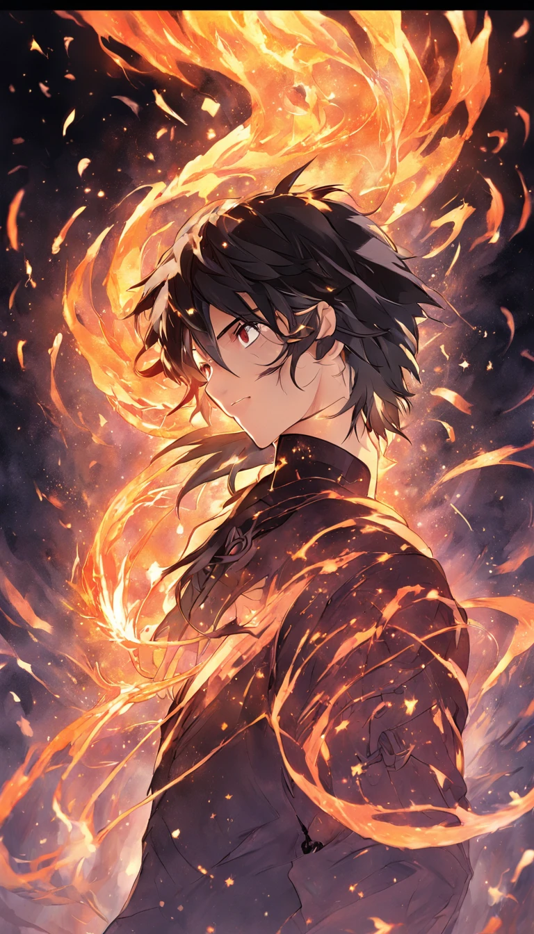a painting that represents the essence of magic in your world, showing the black hair, shining golden eyes protagonist with a mystical black mark on his neck immersed in a cascade of magical fire energy, with glowing particles dancing around him and arcane symbols forming in the air