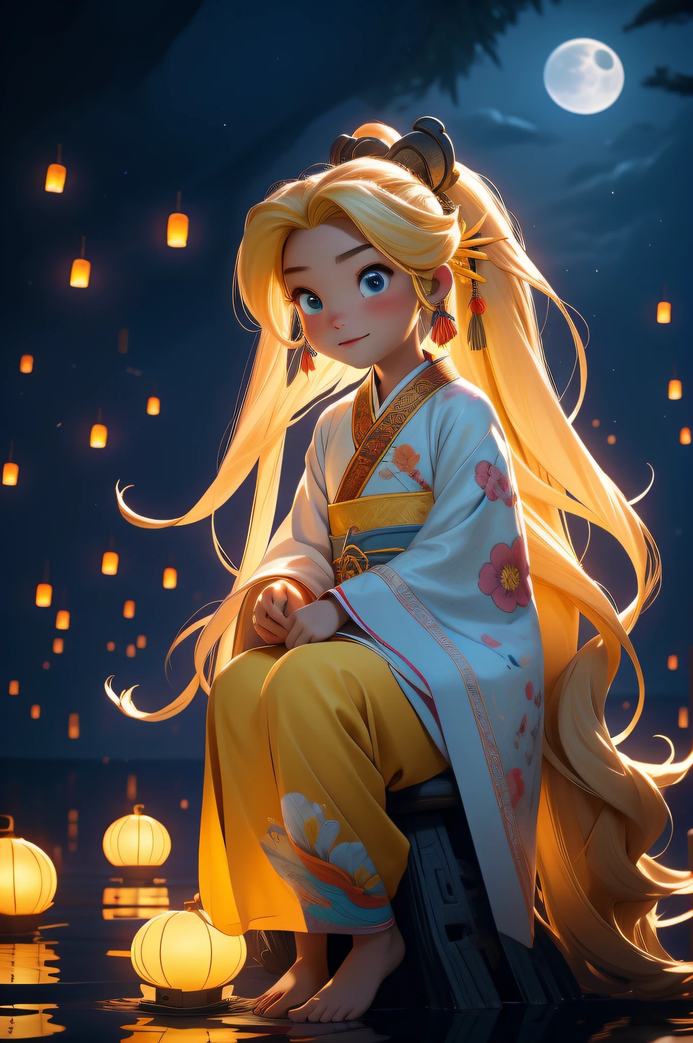 tmasterpiece, best qualityer, Full moon night，with light glowing，-year-oldl, lowhitr hair，Yellow hair，Hanfu，Sit on the reef，Moon，ssmile，（the ocean，calm seas，inverted image），（coconut palms，There are many lanterns floating in the sky）, pixar-style，Disney  style，Chinese style