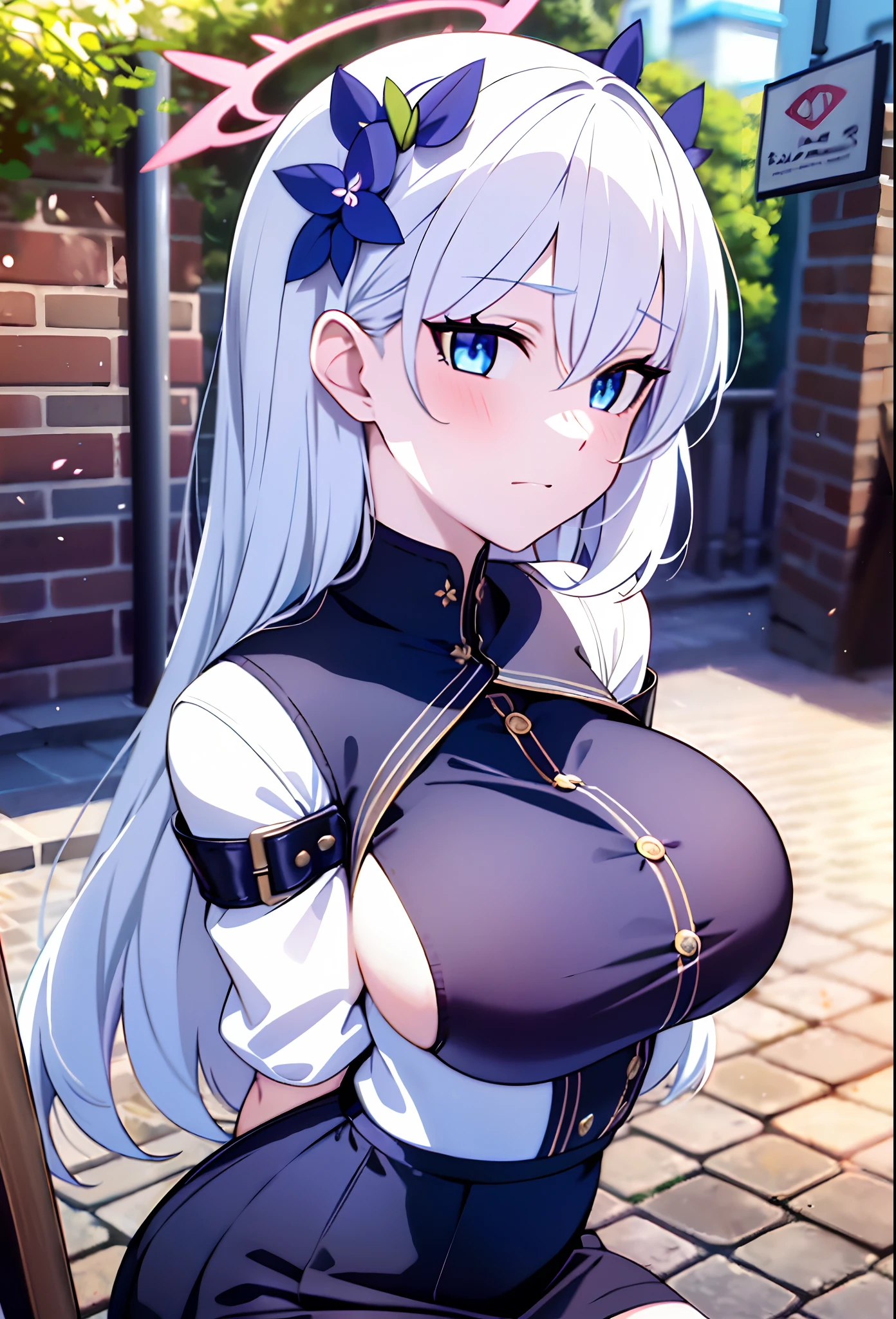 {{{{masterpiece, realistic, extremely detailed, intricate details, sharp focus, 8K, highres, depth of field, absurdres, high quality facial shadowing, dynamic shadowing, cinematic lighting, perfect lighting}}}}, best quality, asian qualities, {facing viewer}, {hands behind back}, {solo}, beautiful young girl, {{{extremely detailed girl, perfect anatomy, perfect body}}}, {{{{extremely detailed luscious shoulder length silver faded to white hair}}}}, {{{luscious multi-layered hair}}}, {{{detailed slightly-curly hair}}}, {{beautiful-detailed facial structure}}, {{detailed beautiful face}}, {{detailed face:1.33}}, {{beautiful-detailed eyes}}, {{{{black to light blue eyes}}}}, {{{{vibrant eye colors}}}}, large boobs, {{slim arms}}, {{slim waist}}, {{thick thighs}}, {{{{beautiful-detailed fingers}}}}, {{{detailed legs}}}, {{{blushing}}}, {{cute shy expression}}, fashion, {{{bright blue sakura petal halo}}}, {{{detailed white school short shirt}}}, {{{detailed black checkered short skirt}}} {{{detailed black socks}}}, {{{wearing brown leather school shoes}}, {{standing against a wooden high fence on a brick pathway and a stream is running next to the person}}, {{people walking past and sitting at a nearby cafe drinking coffee}}