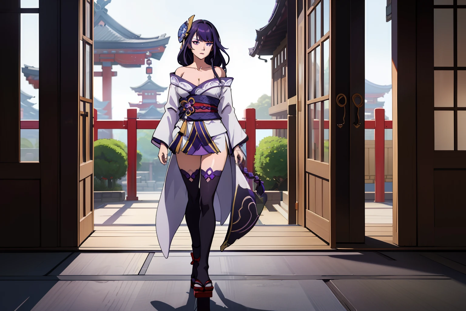 best quality, masterpiece, highres, 1girl,female,solo, mature female, raiden, 1girl, \n/,  very long purple hair purple braid, hanfu,black clothes shoulders,(collarbone:0.9), hanfu,tang style, long black stockings, solo, full body, white kimono with purple details, walking to the japanese temple with red gates