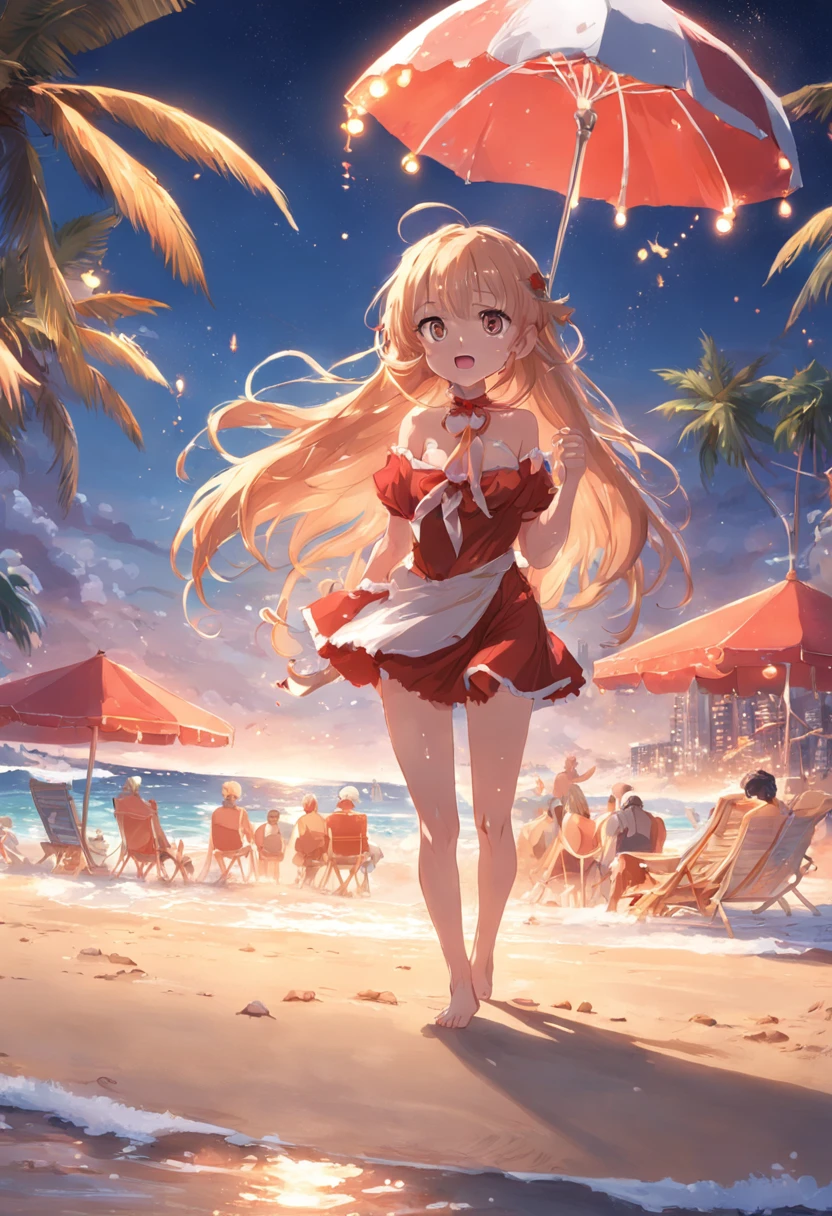 (Masterpiece, Highest quality: 1.3), (16k, high resolution: 1.3), (Summer Christmas: 1.5), beach party, christmas lights, Santa's shady beach, Christmas tree, Santa Claus surfs,adolable,drools