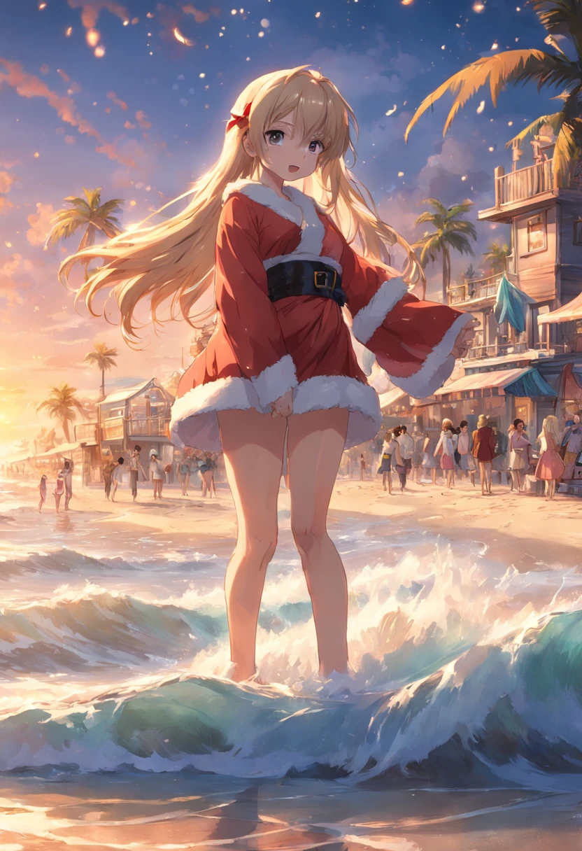 (Masterpiece, Highest quality: 1.3), (16k, high resolution: 1.3), (Summer Christmas: 1.5), beach party, christmas lights, Santa's shady beach, Christmas tree, Santa Claus surfs，adolable，drools