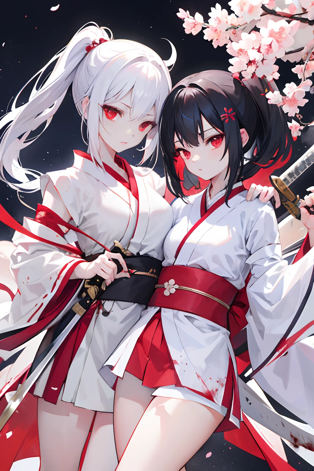 2girls、nightcity、Weapons with blood on them、Great body、Great legs、White kimono black hair with blood on it、Sword、Holding a weapon with blood on it、Cherry blossoms are dancing、poneyTail、Ordinary girl、The actions of two people who fight、a cool、It's battered