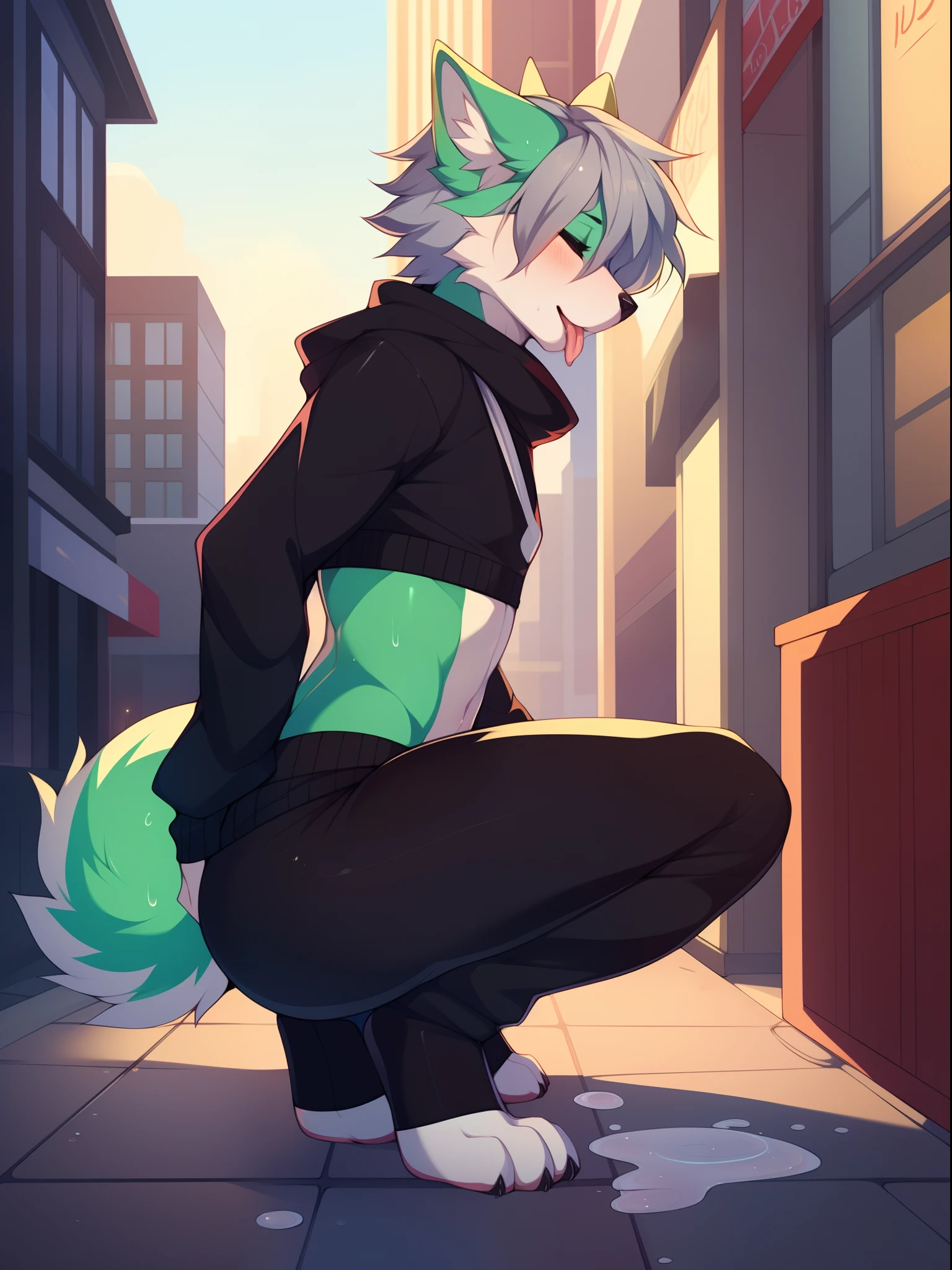 ((nsfw)) By zackary911, zackary911, anthro, Solo, A cute anthro green fox male, male, all green furry body, male, (cute snout:1.2) full body, black nose, ((by hyattlen, by fumiko, by claweddrip)), 4 toes, simple violet eyes with black iris, short light green hair, highly detailed, fluffy tail, fluffy purple tipped ears, soft and warm chest, tired expression, blushing, blush, toned body, wearing black sweater, black sweater, black underwear pulled all the way down, wearing long black socks, long black socks, wearing black skate shoes with white laces, erected , cute erection, genitals, cum out, spilt milk on walls, spilt milk, puddle of spilt milk with bubbles in it, dry hair, tight , plump ass, wet body, wet glossy ass, glossy, rear view profile , sweating, not looking at viewer, mouth slightly open, tongue slightly out, tongue, well drawn hands, good anatomy, facing away, short hair, kneeling, crouched down, master bating, downtown city background, crowded streets, traffic details, parked cars detail, morning sky, sky details, realistic lighting effect, kneeling at sidewalk ledge, milk spilling down the side walk onto the road, milk spill, milk puddle with bubbles in it