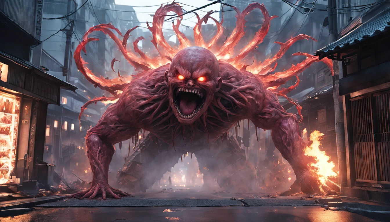 movie picture quality，Real Photographics，Hyper-realistic，scary movie lighting，（Starfish monster：1.5），Extremely large，blood vess，frotting，Murderous，Raging on the streets of Tokyo, Japan，Destroyed buildings，Collapsed walls，fire glow，The frivolous clown kimono Japanese are on the run，depth of fields，high light，Real light，Ray traching，oc rendered，Hyper-realistic，best qualtiy，8K，Works of masters，super-fine，Detailed pubic hair，Correct anatomy，sharp focus on eyes，Bokeh，Facial features are carefully depicted