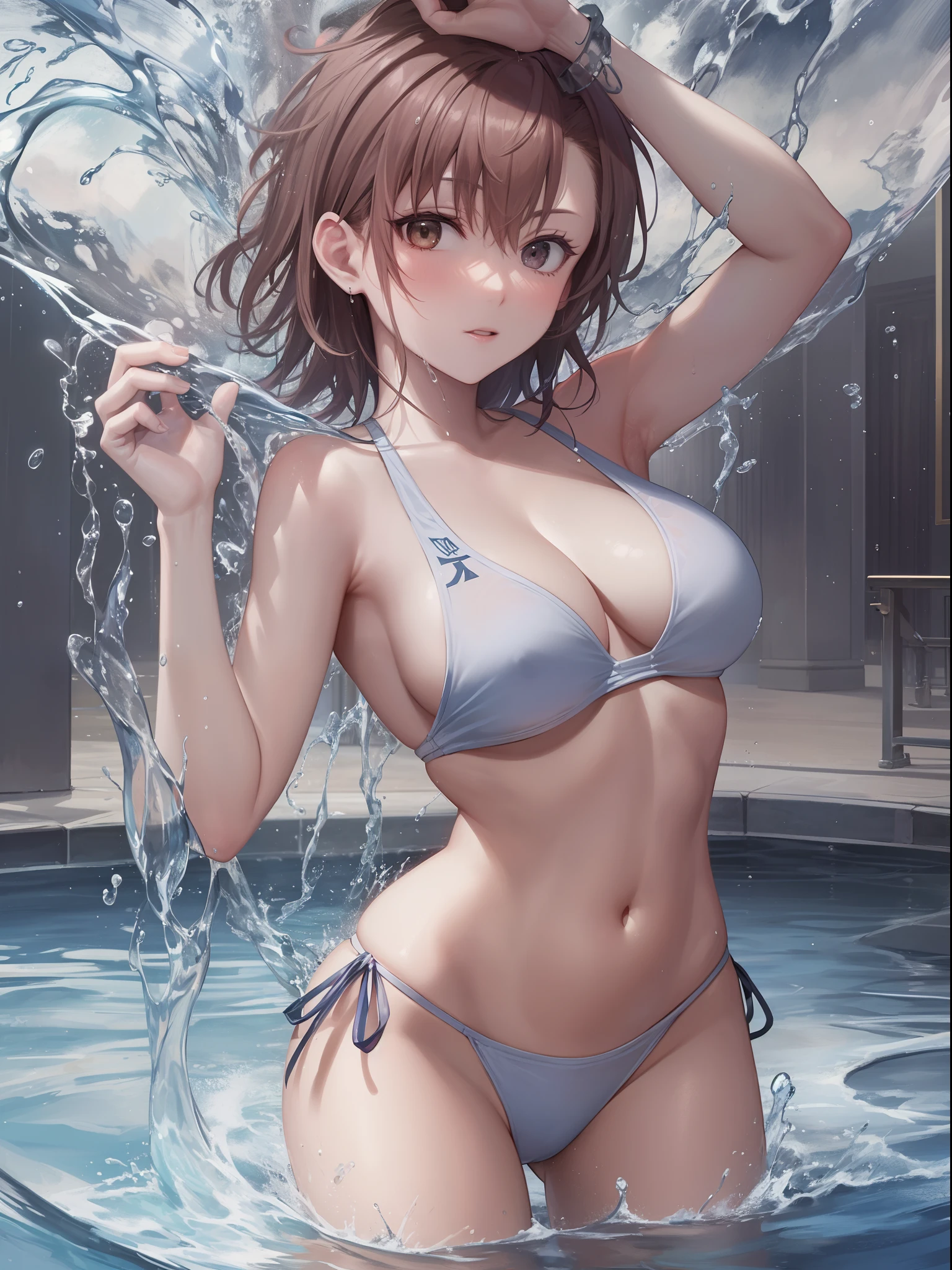 (((Mikoto Misaka))), disheveled swimsuit, Naughty swimsuit, Sukesuke shirt, Water splashes flying on the body, Flashy figure, swimming pools, The highest image quality, Water droplets on the body, hightquality, high detailing, 超A high resolution, 8K resolution, depth of fields, Cinematography, intricate detailes, Elaborate, meticulous, Magnificent, Maximum Detail, Extreme beauty