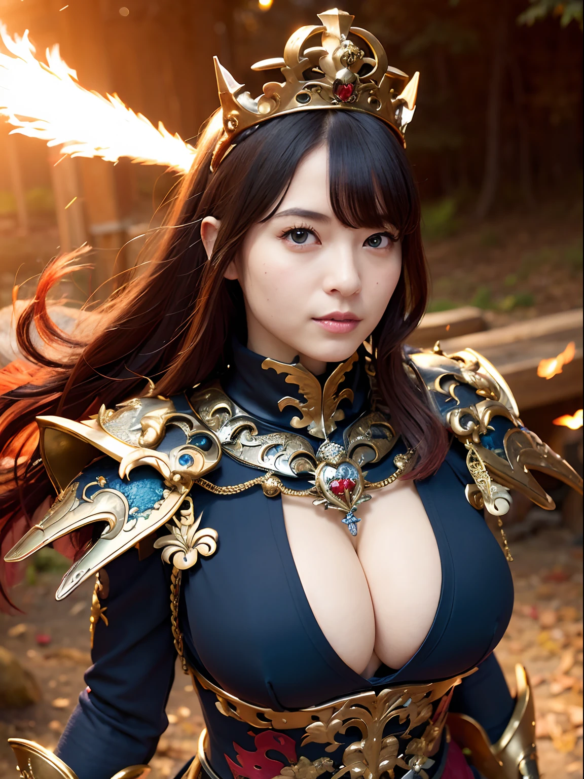 (masutepiece), Professional , ​masterpiece、top-quality、photos realistic , depth of fields 、（Dragon Black Metal Body:1.９),(Matte Blue Black、（cleavage of the breast）、Dragon Gold Weapon（Dragon Metal Body:1.４),Gorgeous gold weapons ,（（ Dragon's dense and gorgeous sword）） , （demonic wings）   ,warhammer 40k , adepta sororitas,Detail and gorgeous crown、（（Red hair））、（Castle background）、（（Gangle's forest background））、Beautiful Caucasian beauty、１a person、dynamic ungle,(((Detailed and ornate Black Dragon Crown)))、Smaller head、A smile、Castle background、Thin and beautiful female hands、cleavage of the breast、Soldier in iron armor on background、Mystical expression、Light Effects、intense fighting、Wind-effect、magic circles、With the legendary magic wand、Dragon's tail、