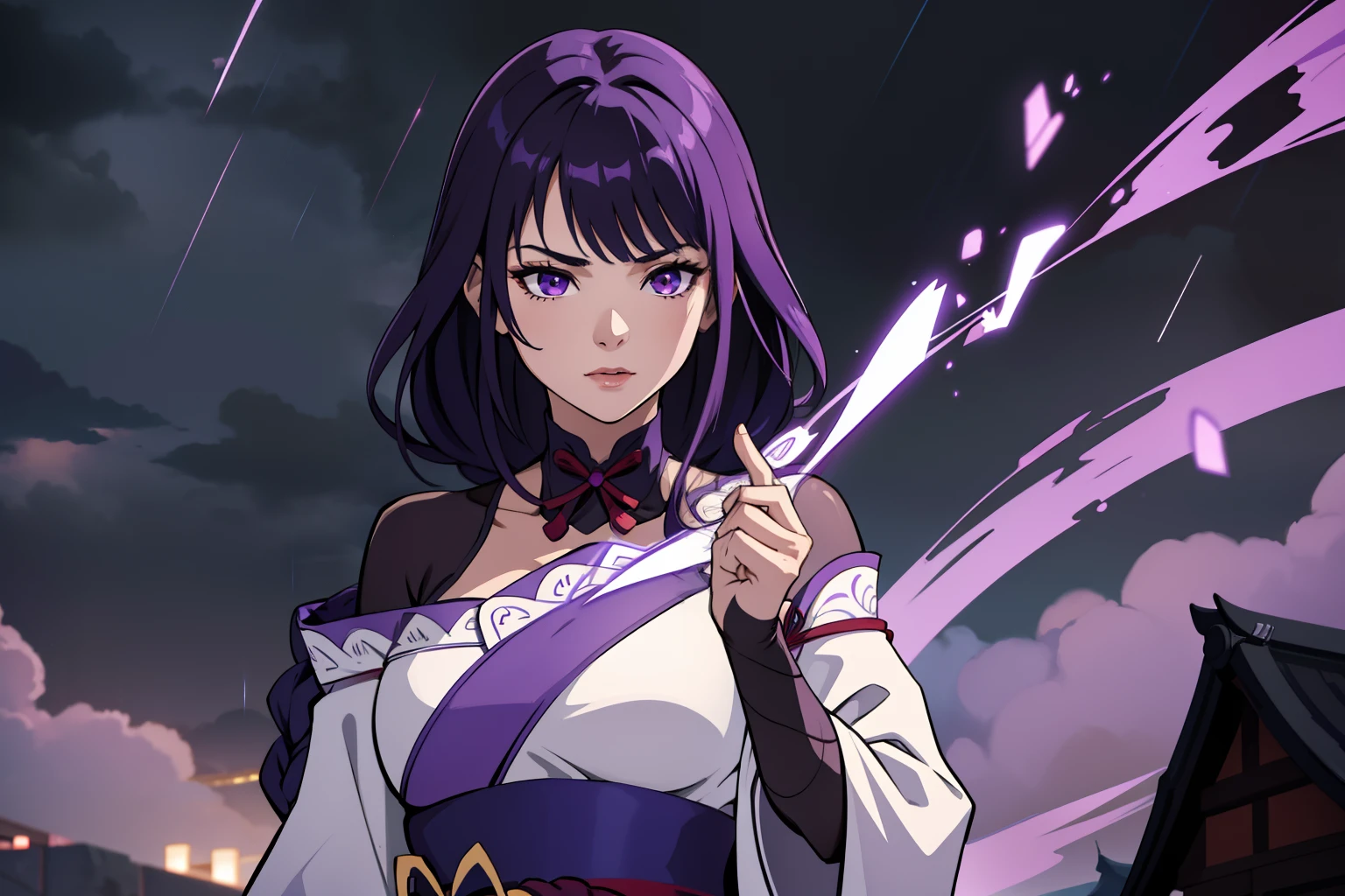 best quality, masterpiece, highres, 1girl,female,solo, mature female, raiden, 1girl, \n/,  very long purple hair purple braid, hanfu,black clothes shoulders,(collarbone:0.9), hanfu,tang style, long black stockings, solo, ((upper body)), white kimono with purple details, dark stormy sky, dark clouds, dramatic, rain and storm, lighting bolts