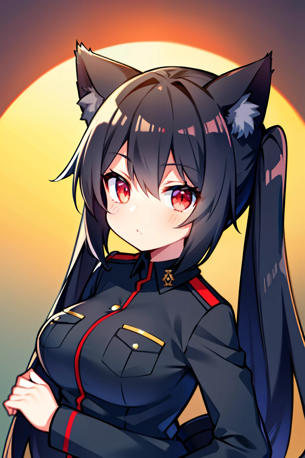 Black hair, Cat ears, Cat girl, Red eyes, Officer uniform, , Germany, Black officer uniform,