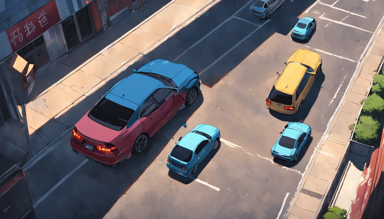car from top view, top angle, car chase, isometric