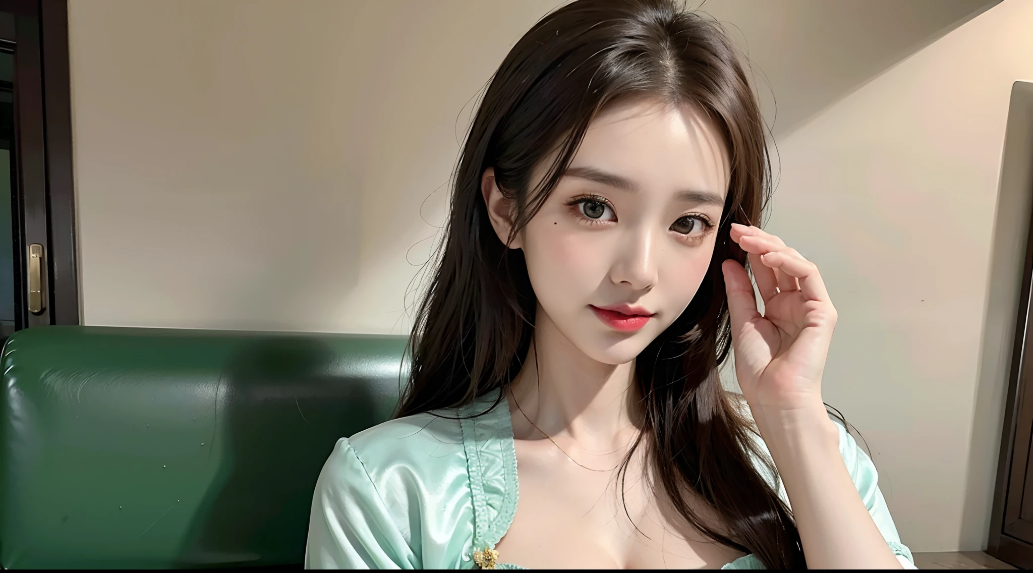 (A half body,Close-up,closeup cleavage),Arakfi Asian woman sitting in chair,Wearing a green and gold dress, Palace , A girl in Hanfu, Hanfu, Cheongsam, with acient chinese clothes, Traditional beauty, Traditional Chinese clothing, Wearing ancient Chinese clothes, Chinese style, Chinese dress, Chinese costume, Chinese traditional, Chinese girl, Inspired by Huang Ji, wearing ornate silk clothes,Redlip