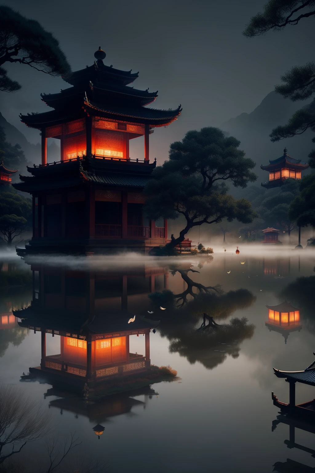 Chinese martial arts style, large area sky, ink style, outline light, atmospheric atmosphere, Depth-Of-Field, mist rising, lake water, lotus flowers and leaves, small boats, pine trees, octagonal stone pavilions, arch bridges, night view,(No color)