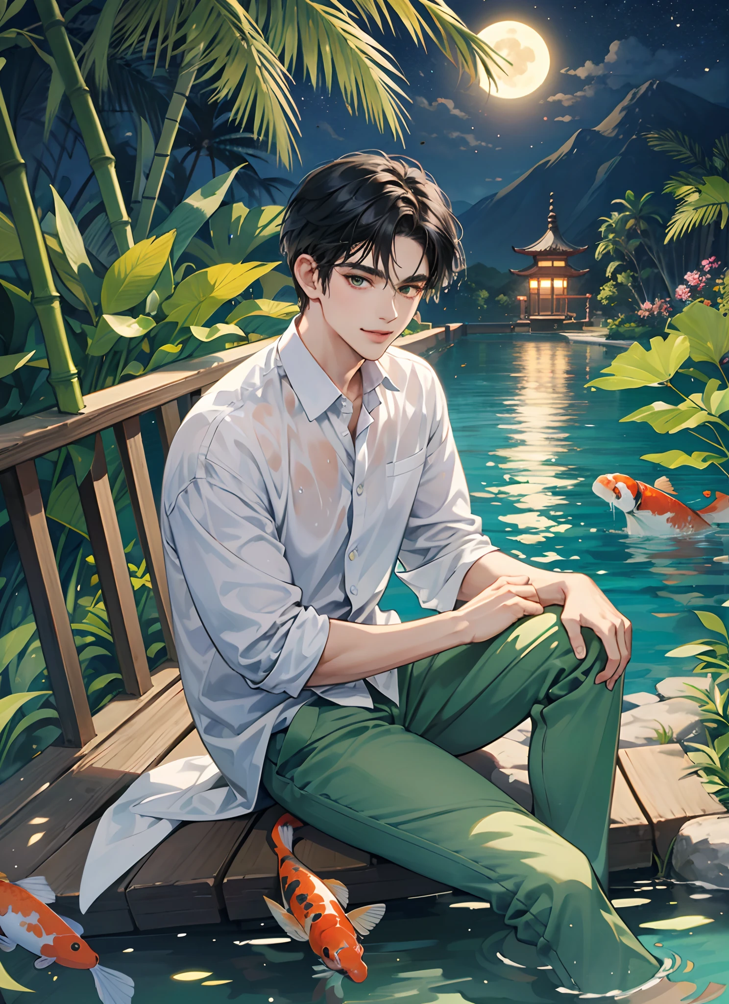 ((masterpiece,best quality)), beautiful detailed eyes, beautiful detailed face, beautiful hands, full_moon, leaf, moon, plant, potted_plant, bamboo, 1guy, handsome man, palm_tree, water, tanabata, branch, barefoot, night, tanzaku, soaking_feet,solo, outdoors, tree, sitting, very short black hair, wet, smile, green_eyes, pants, looking_at_viewer, palm_leaf, casual clothes, koi fish inside the pond,