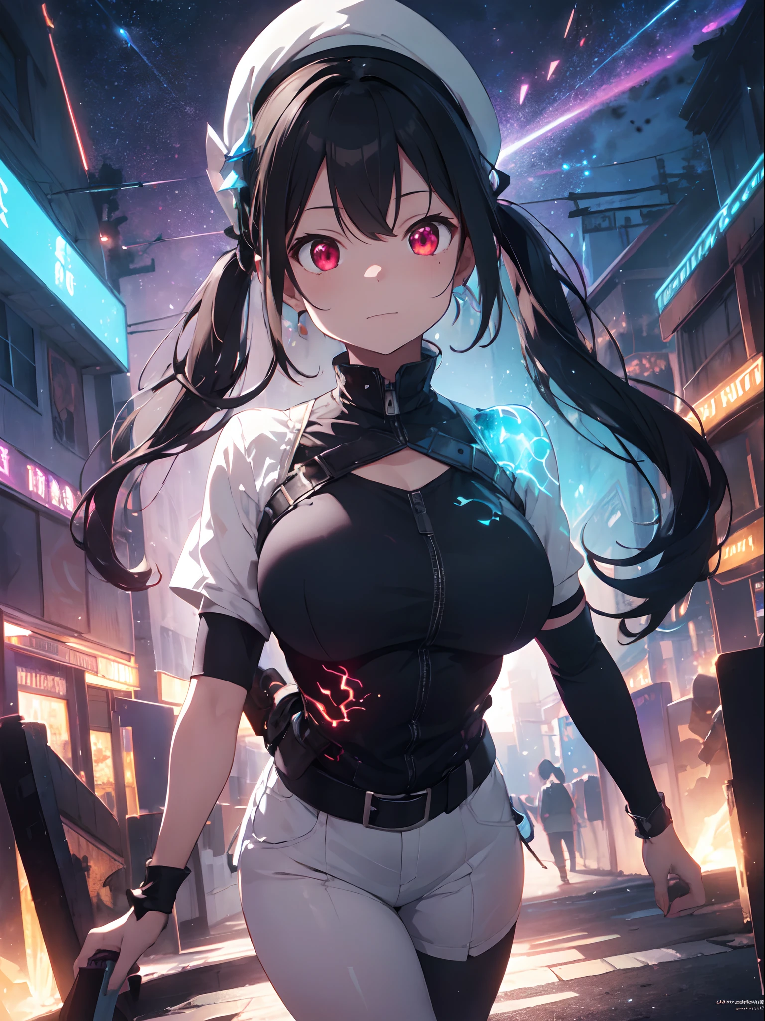 Yor foger form spy x family anime, 1woman, wearing a futuristic cyberpunk outfit, at future city, yor's hair style, 8k, high detailed, high quality