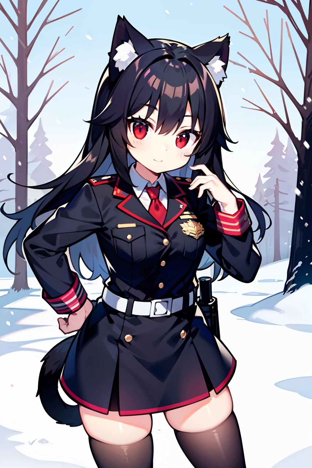 Snowy forest, Black hair, Cat ears, Cat girl, Red eyes,  Officer uniform, , Germany, Black officer uniform