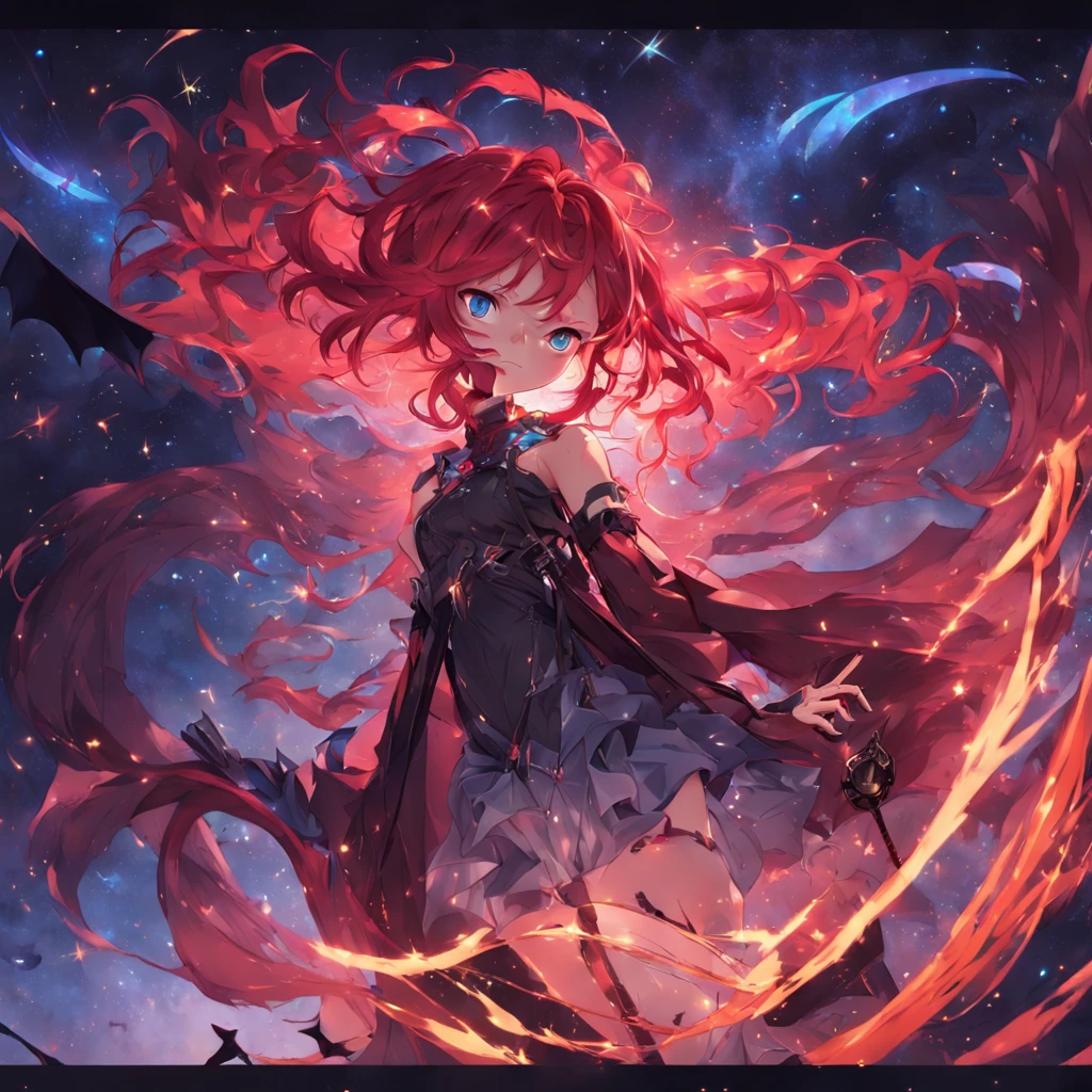 1girl, bat wings, chained, crimson moon, wavy red hair, blue eyes, stars, dark color scheme, galaxy, beautiful woman, demon tail